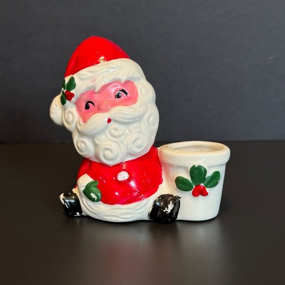 Vintage Santa Claus Ceramic Candle Holders Set Of 2 Festive Christmas Decor Red - Picture 8 of 16